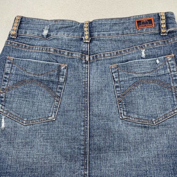 Crest Jean Mini Skirt Size 7/8 Denim Dark Blue Stud Crystal Blink Distressed Hip - Picture 4 of 10